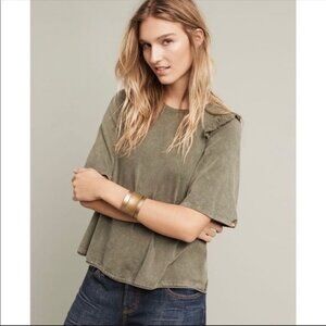 Anthropologie Eri + Ali Green Top XS Shirt Blouse Ruffle Short Sleeve Astoria